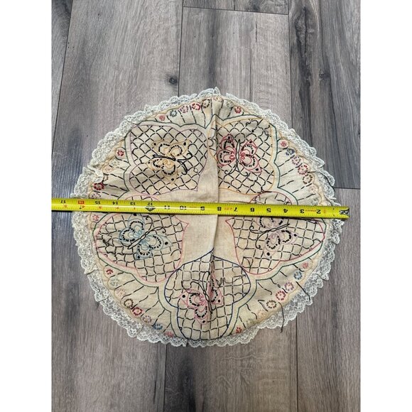 Vintage Hand-Embroidered Butterfly Lace Round Pillowcase Doily Victorian Flaws - Picture 1 of 9